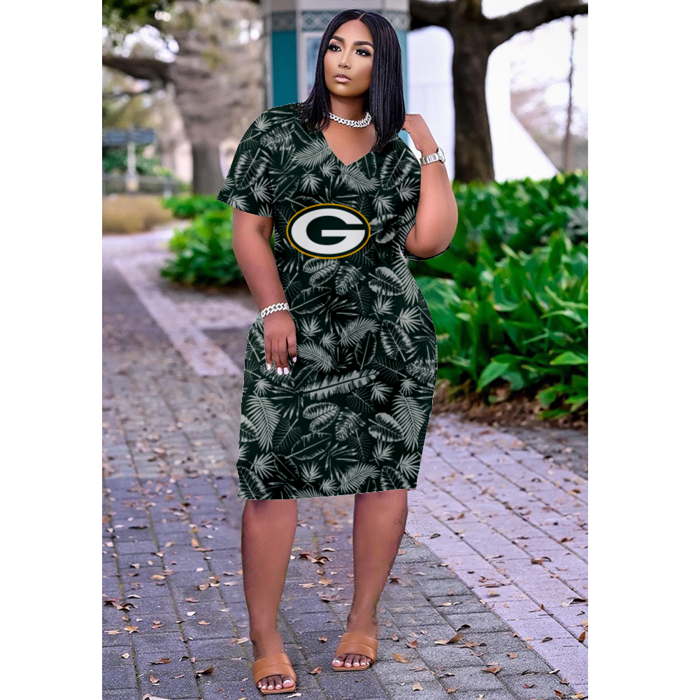 Green Bay Packers Print V-Neck Dress Short Sleeve