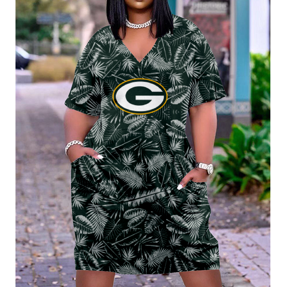 Green Bay Packers Print V-Neck Dress Short Sleeve