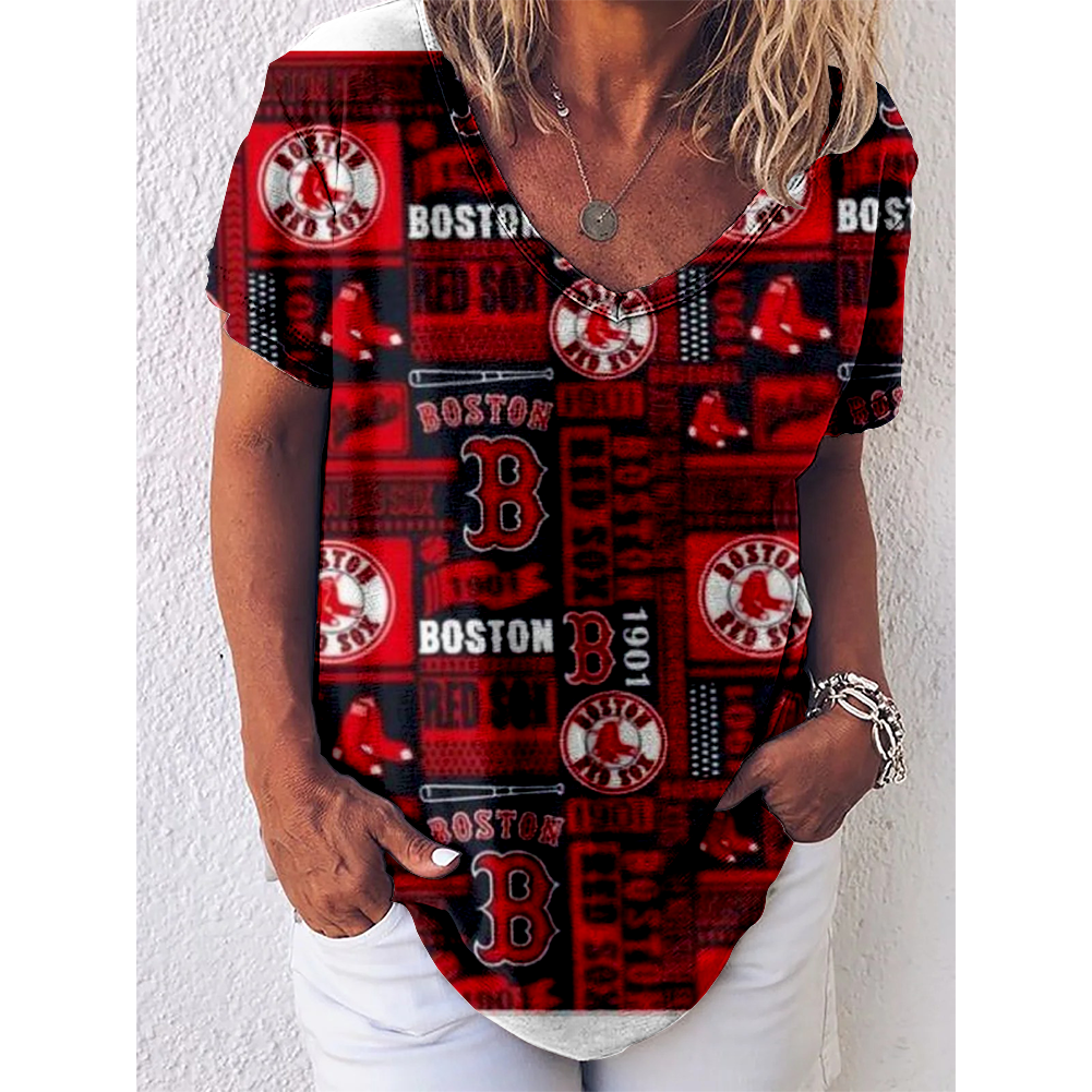 Boston Red Sox V-Neck Short-Sleeved Loose T-Shirt