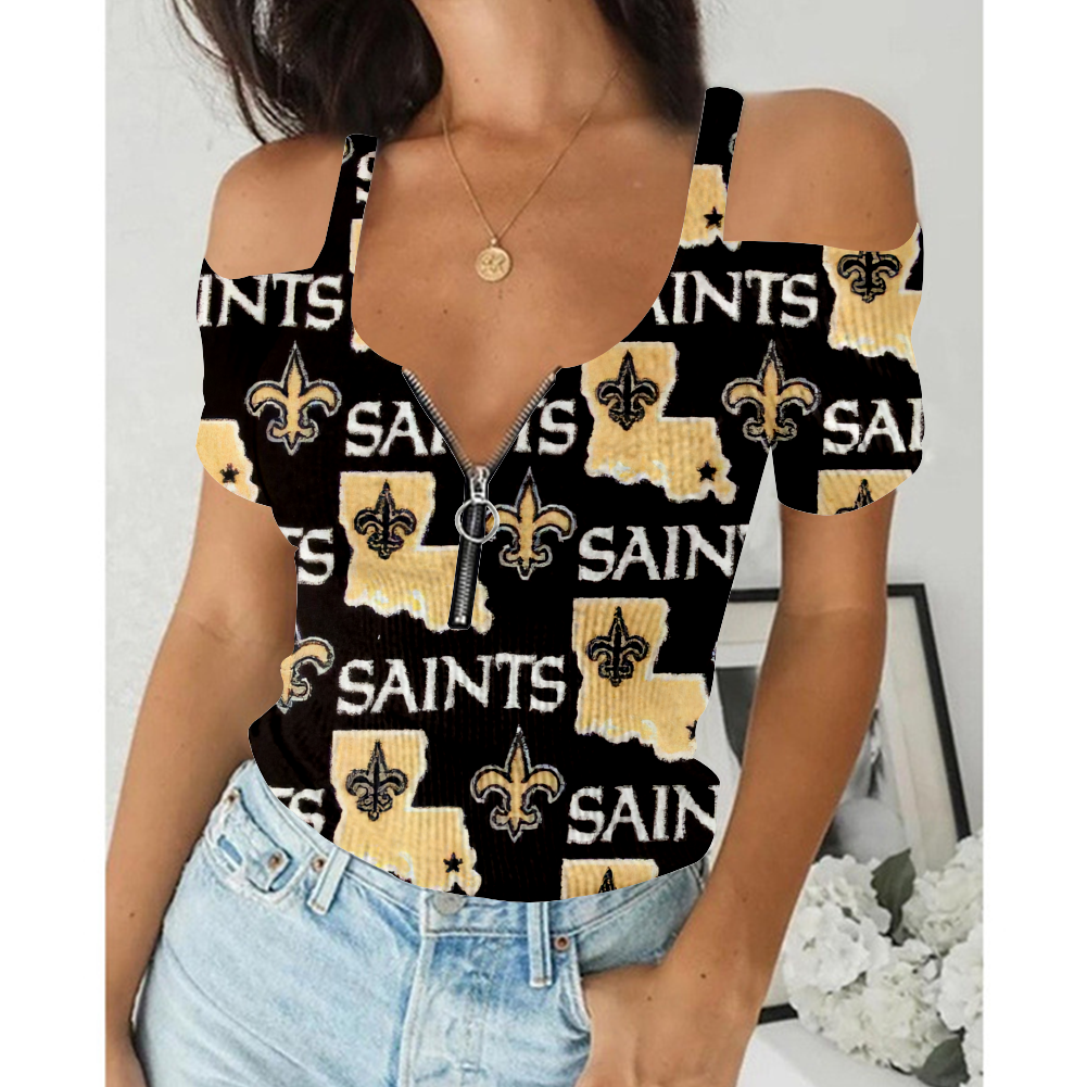 Women's Summer New Orleans Saints Team Print Off-Shoulder V-Neck Zipper Slim T-Shirt
