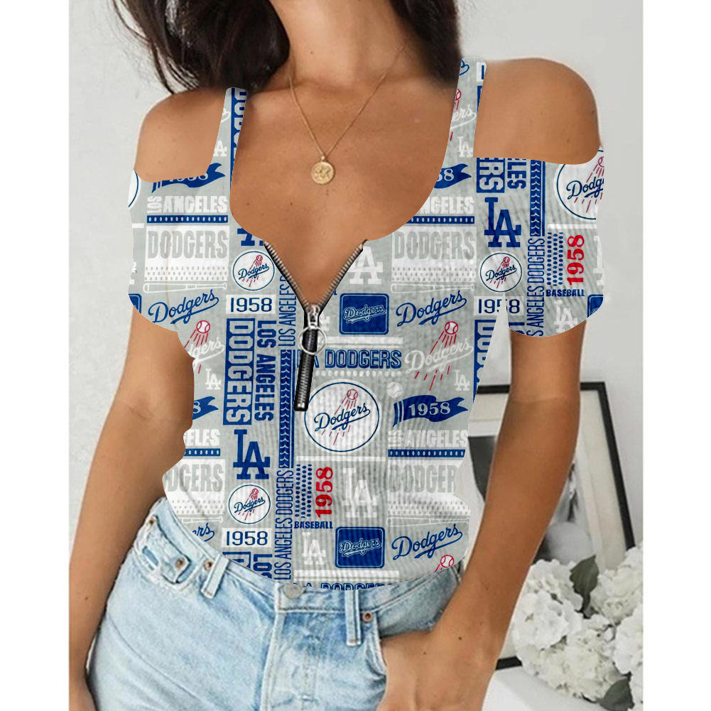 Women's Summer Los Angeles Dodgers Team Print Off-Shoulder V-Neck Zipper Slim T-Shirt