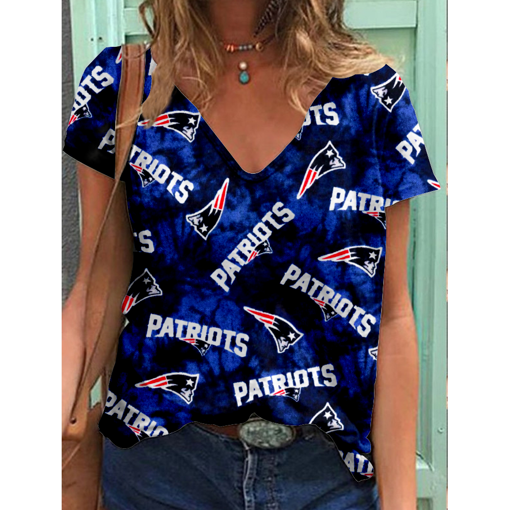 New England Patriots V-Neck Short-Sleeved Loose Print T-Shirt