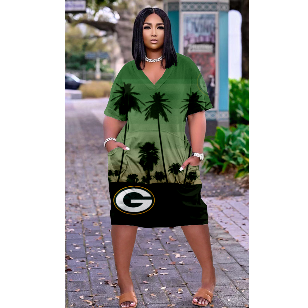 Green Bay Packers Print V-Neck Dress Short Sleeve