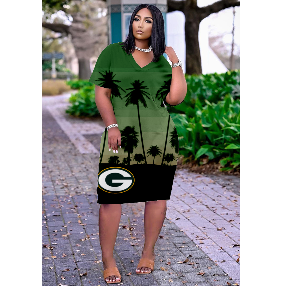 Green Bay Packers Print V-Neck Dress Short Sleeve