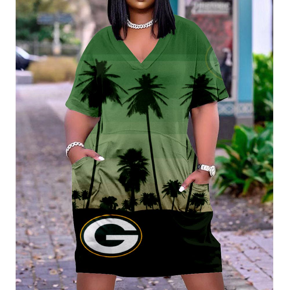 Green Bay Packers Print V-Neck Dress Short Sleeve