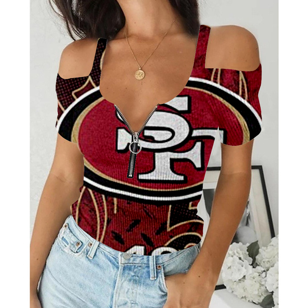 Women's Summer San Francisco 49ers Team Print Off-Shoulder V-Neck Zipper Slim T-Shirt