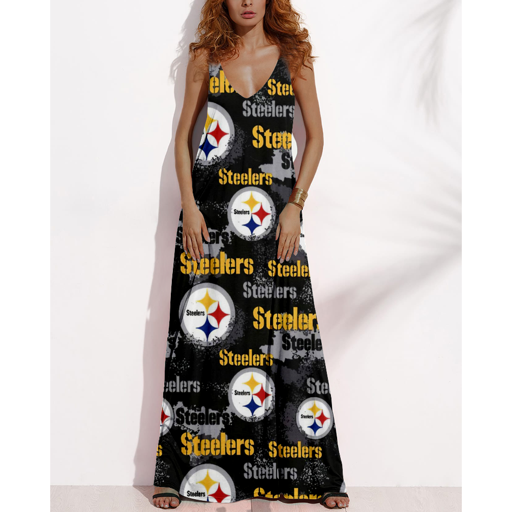 Women's Summer PITTSBURGH STEELERS Fan Print V-neck Sleeveless Loose Long A-line Dress