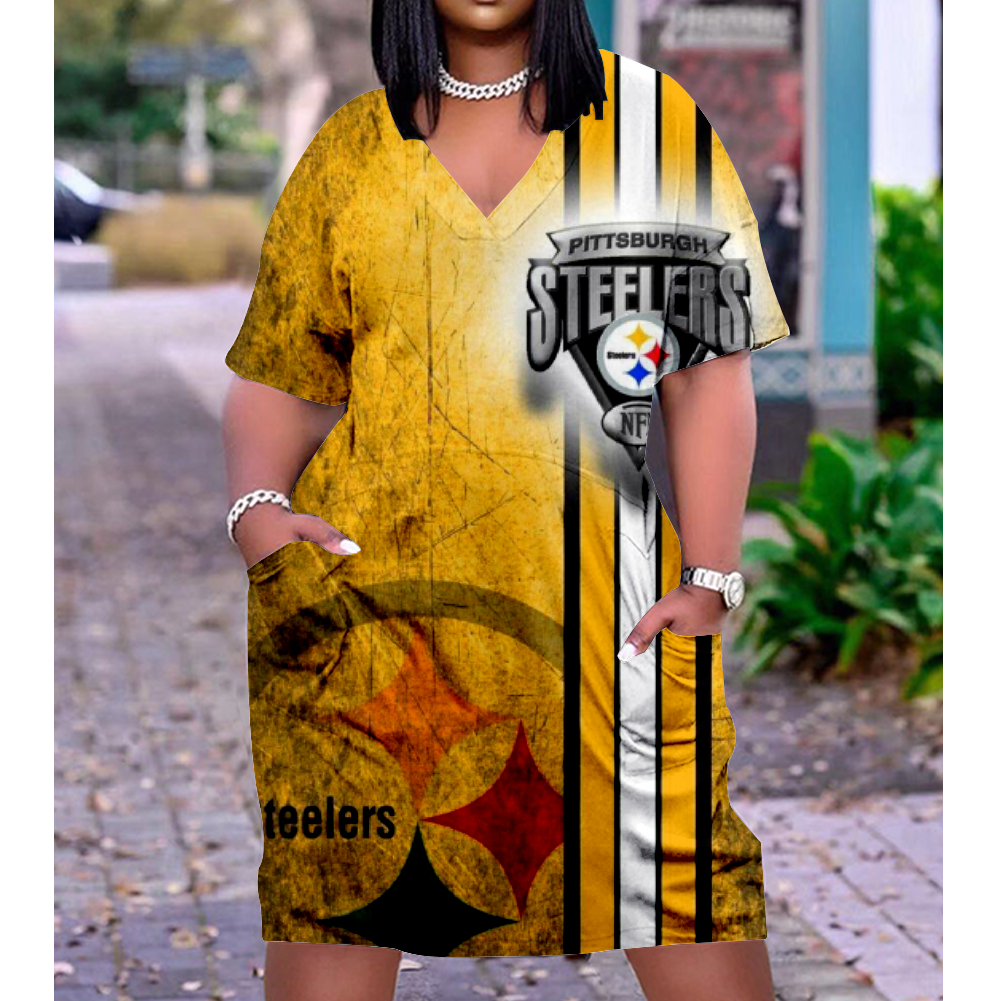 Pittsburgh Steelers V-Neck Jacket Short-Sleeved Bat-Sleeved Dress