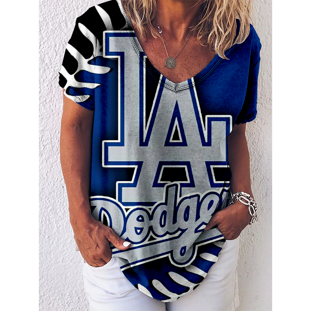 Los Angeles Dodgers Tide V-Neck Short-Sleeved Loose T-Shirt