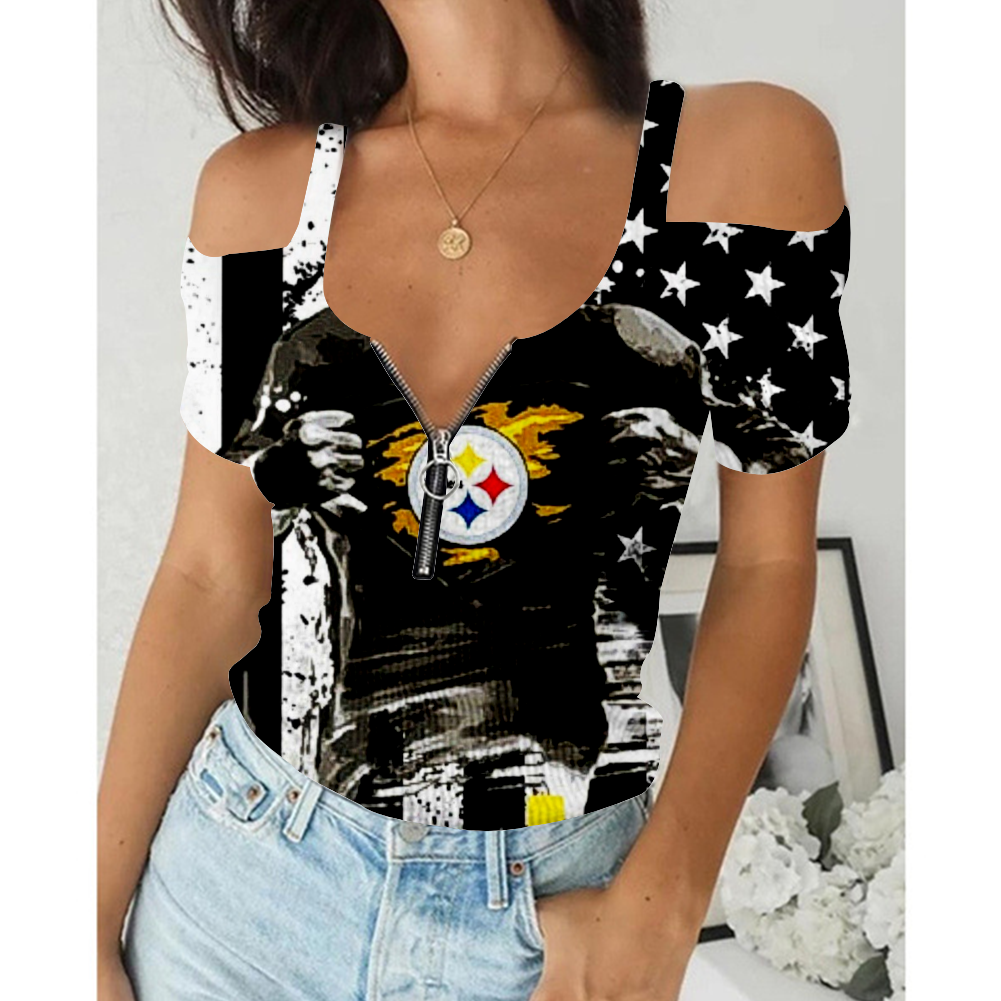 Women's Summer Pittsburgh Steelers Team Print Off-Shoulder V-Neck Zipper Slim T-Shirt