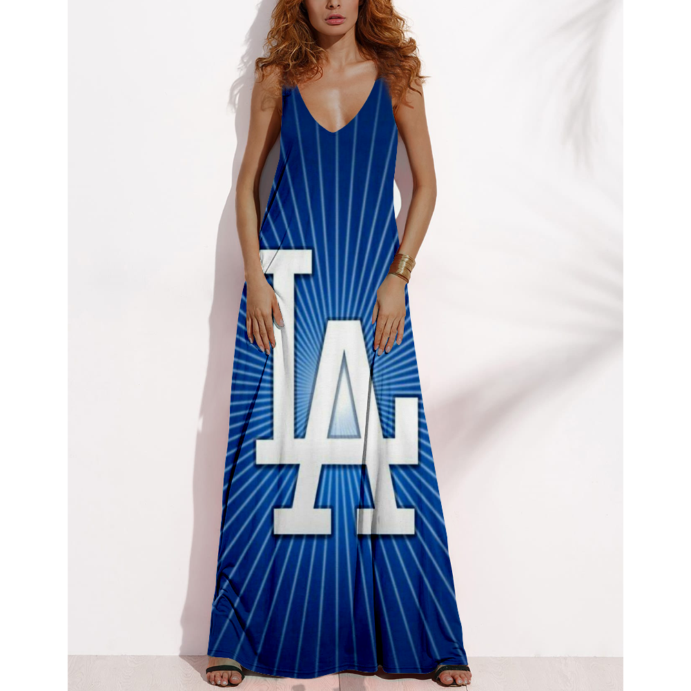 Women's Summer LOS ANGELES DODGERS Fan Print V-Neck Sleeveless Loose Long A-line Dress