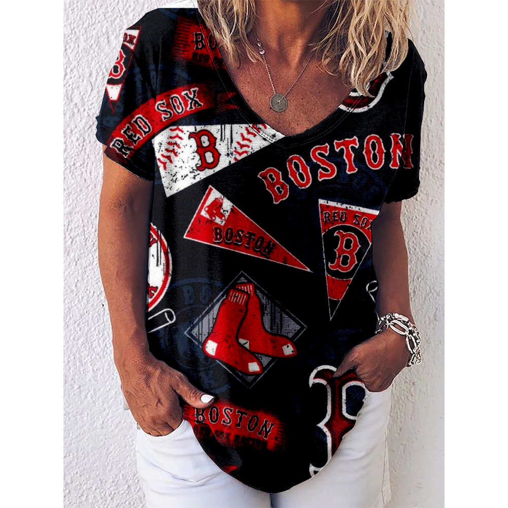 Boston Red Sox V-Neck Short-Sleeved Loose T-Shirt