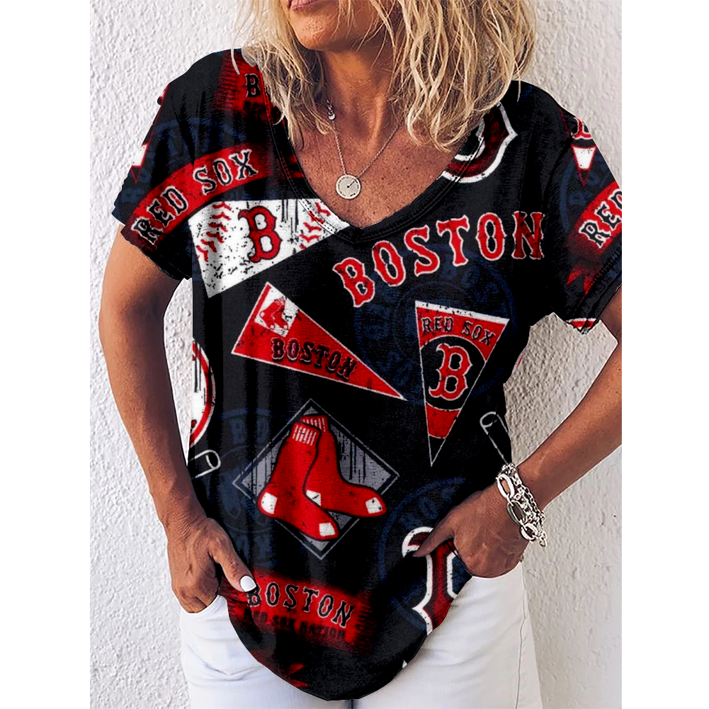 Boston Red Sox V-Neck Short-Sleeved Loose T-Shirt