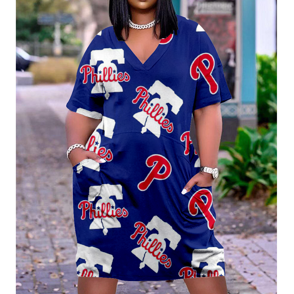 PHILADELPHIA PHILLIES Print V-Neck Dress Short Sleeve