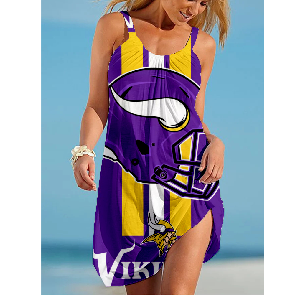 NCAAF Women's Minnesota Vikings Team Fan Print Beach Vacation Style Camisole Mini Camisole Casual Dress