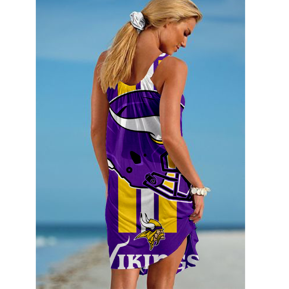 NCAAF Women's Minnesota Vikings Team Fan Print Beach Vacation Style Camisole Mini Camisole Casual Dress