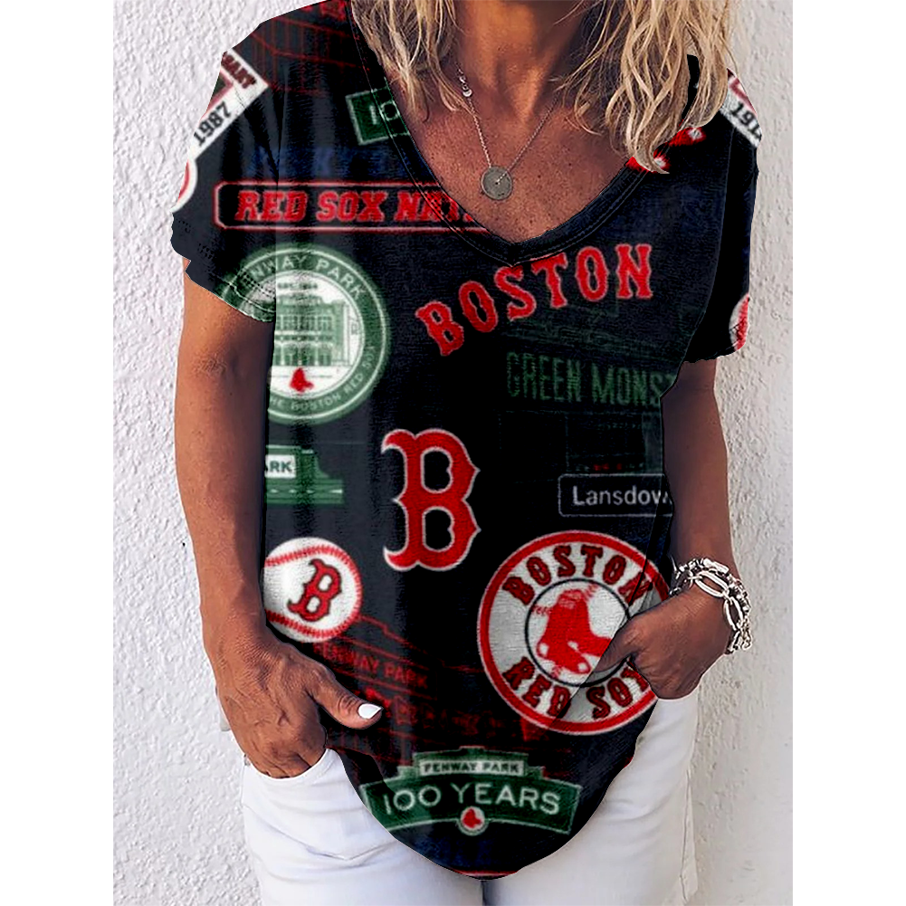 Boston Red Sox V-Neck Short-Sleeved Loose T-Shirt