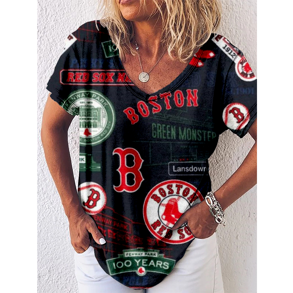 Boston Red Sox V-Neck Short-Sleeved Loose T-Shirt