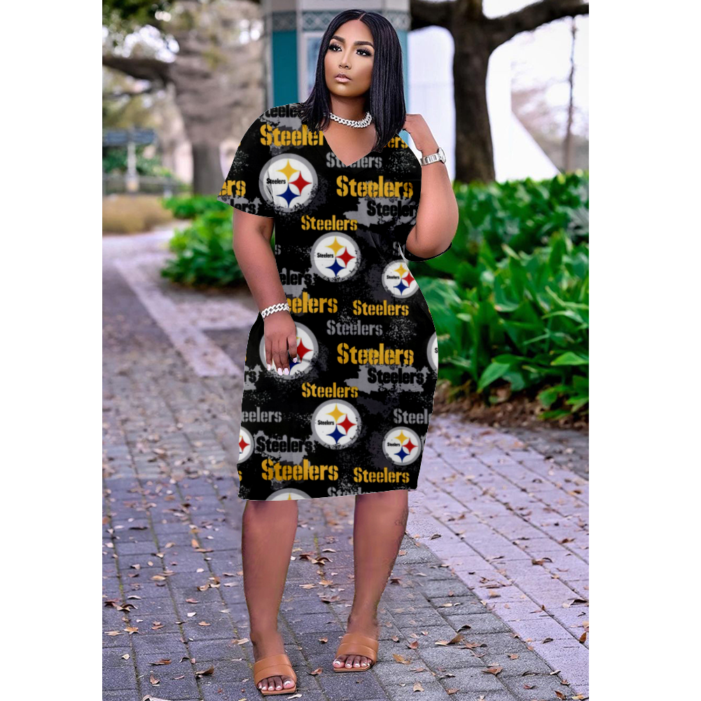 Pittsburgh Steelers Print V-Neck Dress Short Sleeve