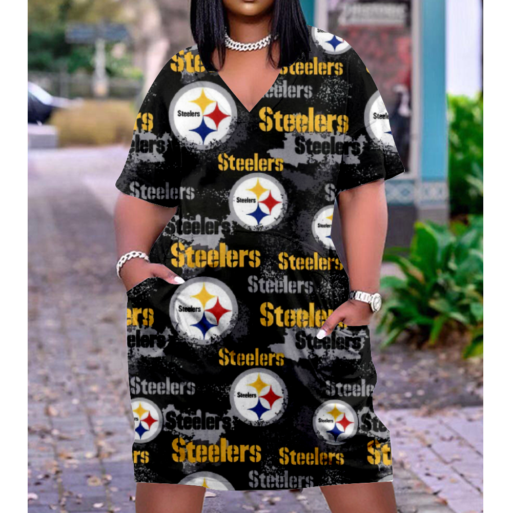 Pittsburgh Steelers Print V-Neck Dress Short Sleeve