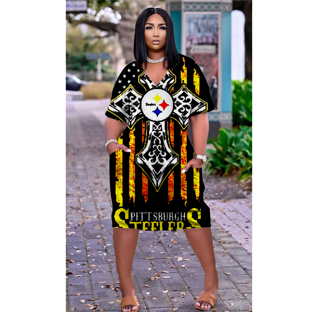 Pittsburgh Steelers V-Neck Jacket Short-Sleeved Bat-Sleeved Dress