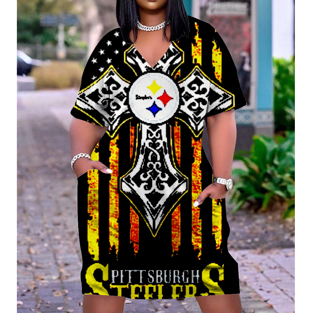 Pittsburgh Steelers V-Neck Jacket Short-Sleeved Bat-Sleeved Dress