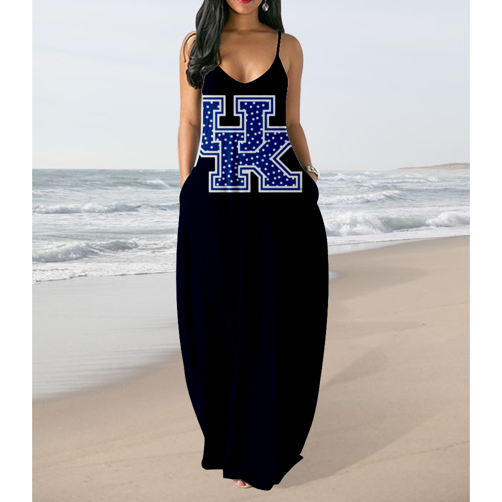 NCAAF Women's Kentucky Wildcats Team Print Sling Pocket Sleeveless Loose Holiday Style Long Dress