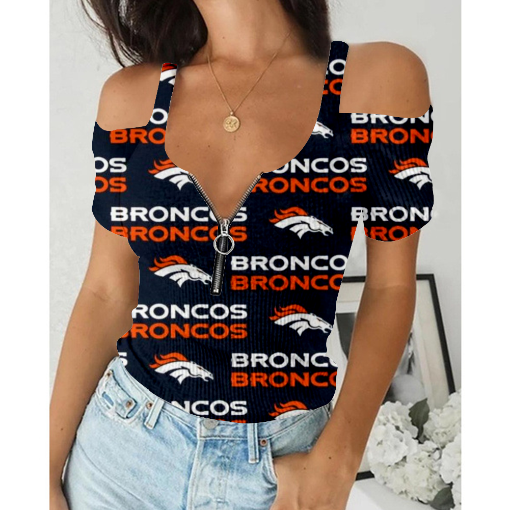 Women's Summer Denver Broncos Team Print Off-Shoulder V-Neck Zipper Slim T-Shirt
