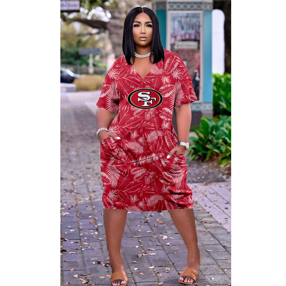 San Francisco 49ers Print V-Neck Dress Short Sleeve