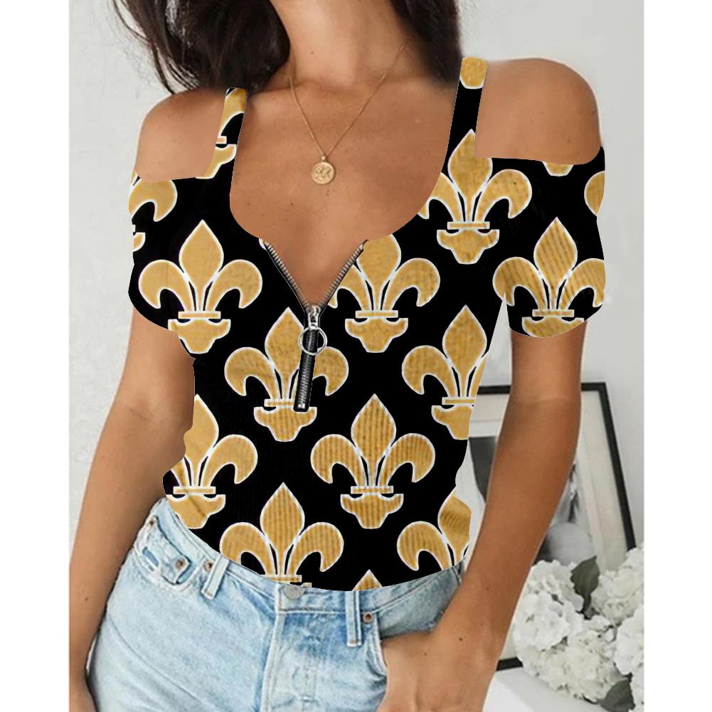 Women's Summer New Orleans Saints Team Print Off-Shoulder V-Neck Zipper Slim T-Shirt