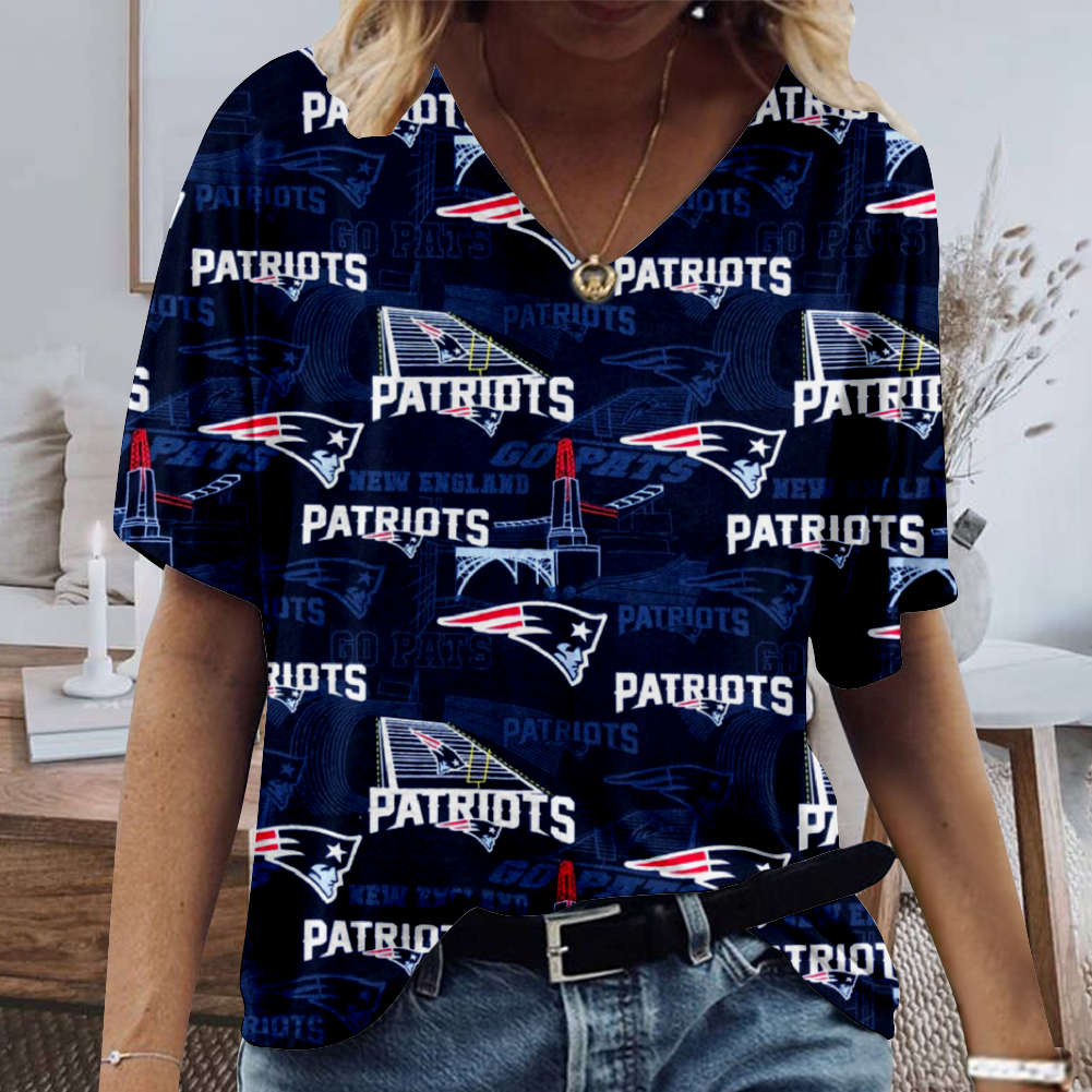 New England Patriots V-Neck Short-Sleeved Loose Print T-Shirt