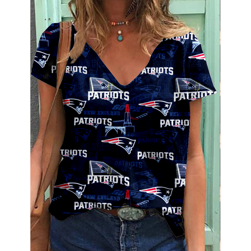 New England Patriots V-Neck Short-Sleeved Loose Print T-Shirt