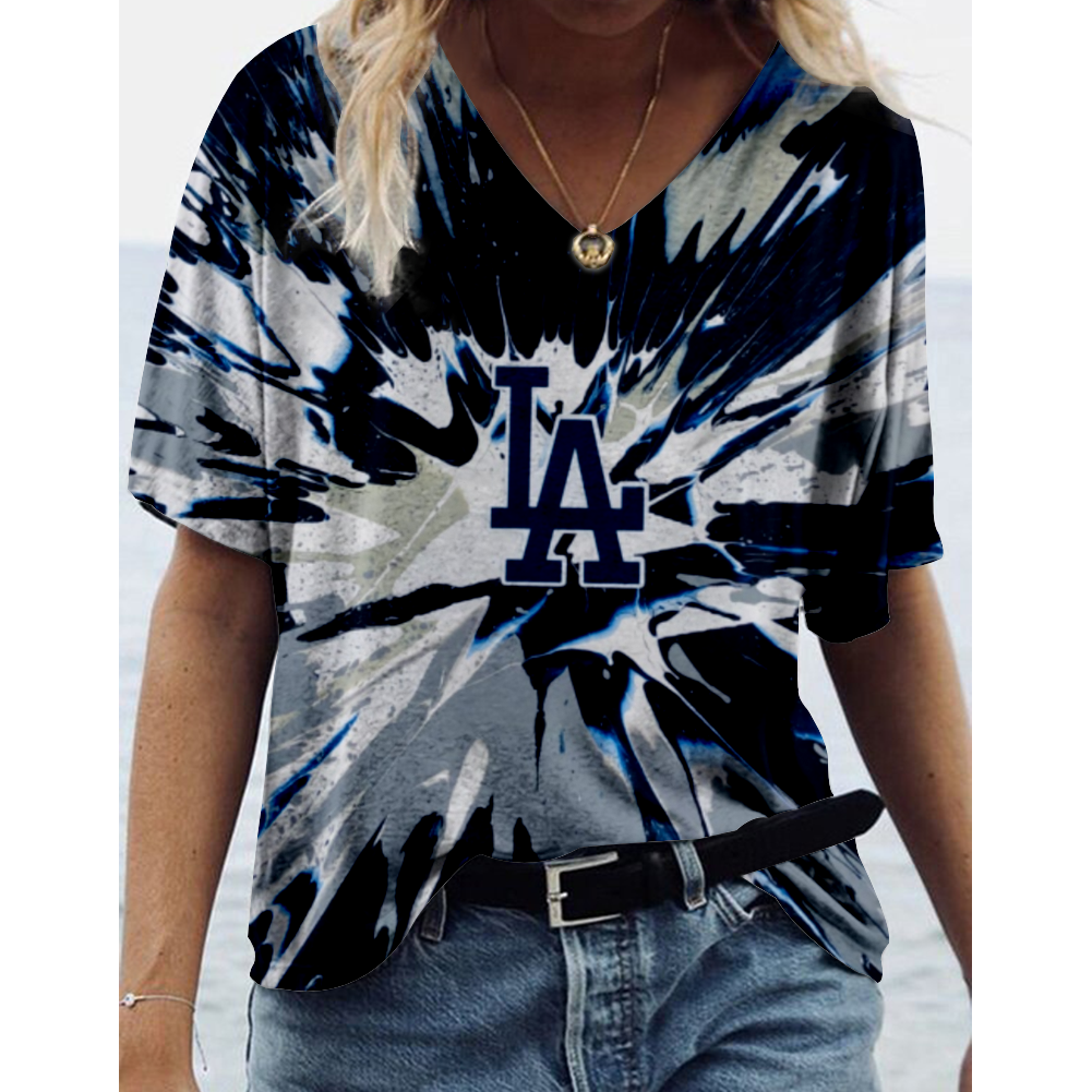 Los Angeles Dodgers Tide V-Neck Short-Sleeved Loose T-Shirt