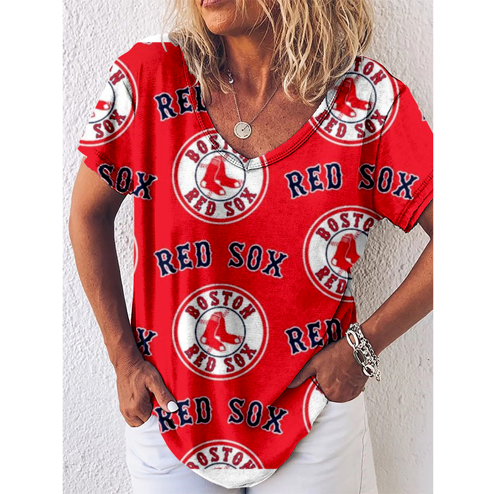 Boston Red Sox V-Neck Short-Sleeved Loose T-Shirt