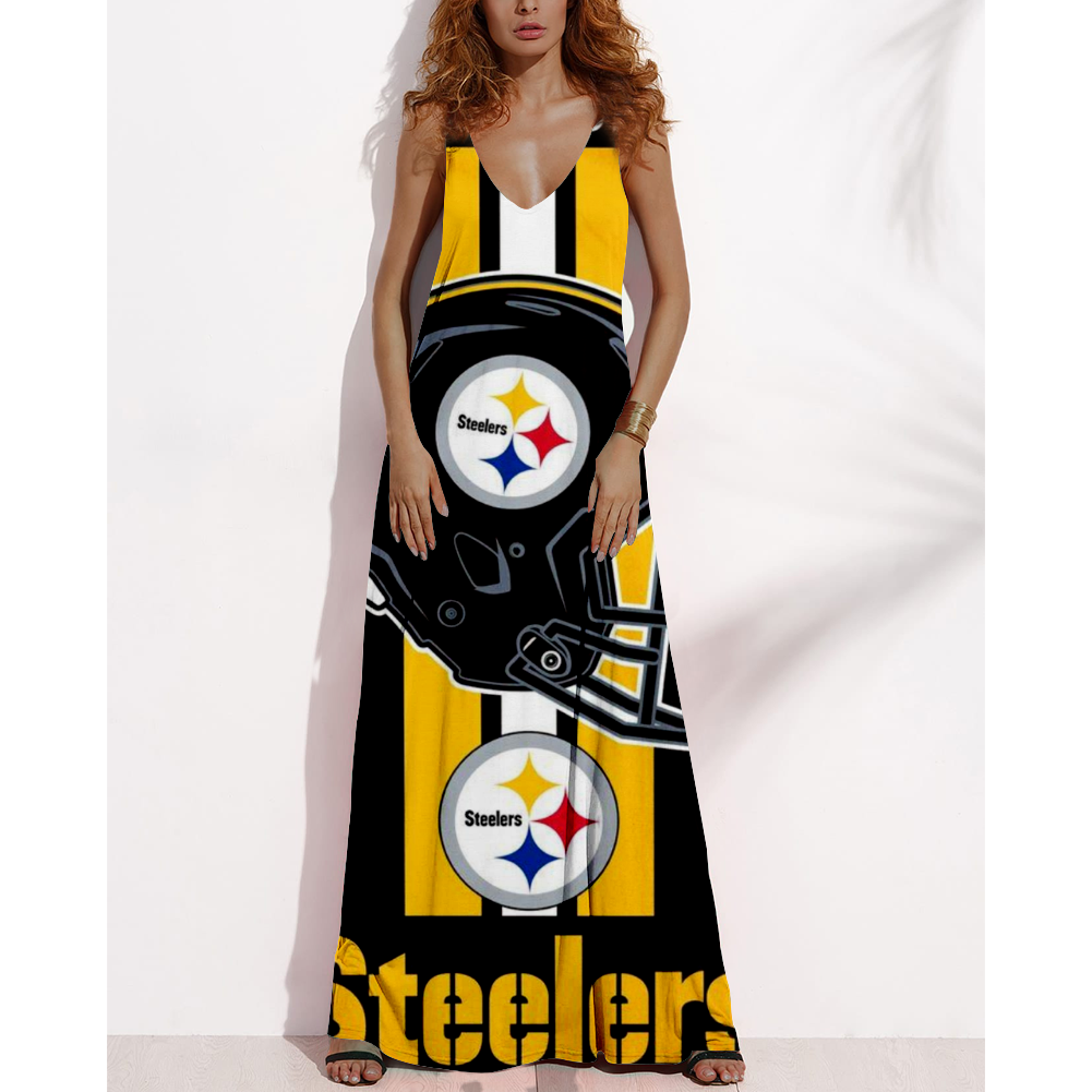 Women's Summer PITTSBURGH STEELERS Fan Print V-neck Sleeveless Loose Long A-line Dress