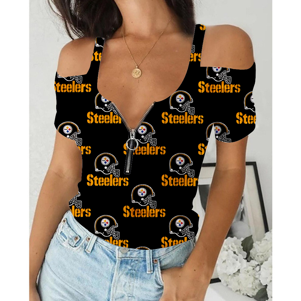 Women's Summer Pittsburgh Steelers Team Print Off-Shoulder V-Neck Zipper Slim T-Shirt