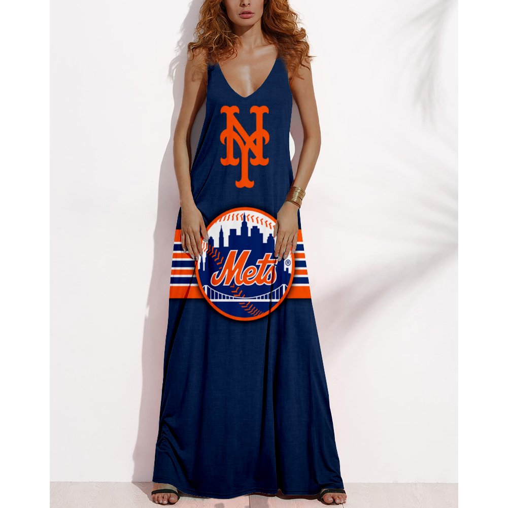 Women's Summer NEW YORK YANKEES Fan Print V-Neck Sleeveless Loose Long A-line Dress