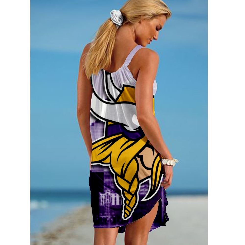 NCAAF Women's Minnesota Vikings Team Fan Print Beach Vacation Style Camisole Mini Camisole Casual Dress