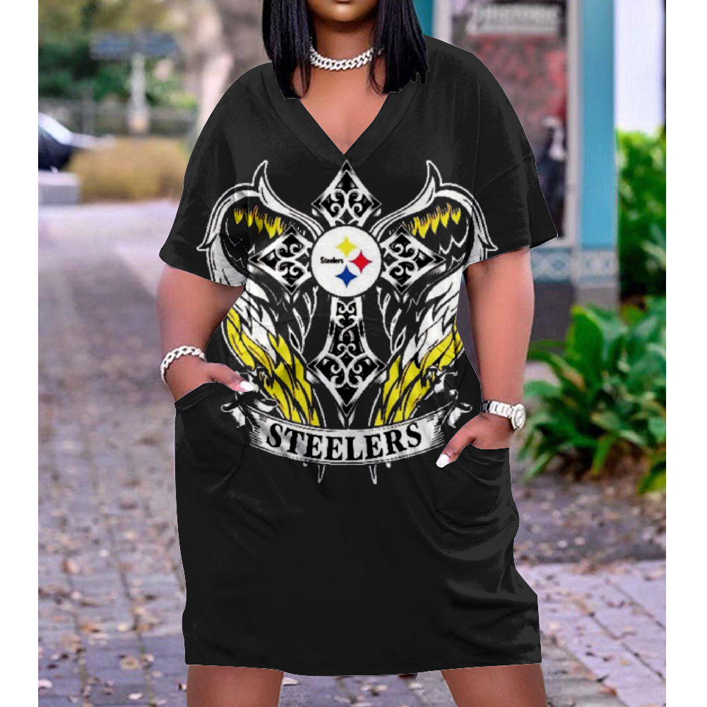 Pittsburgh Steelers V-Neck Jacket Short-Sleeved Bat-Sleeved Dress