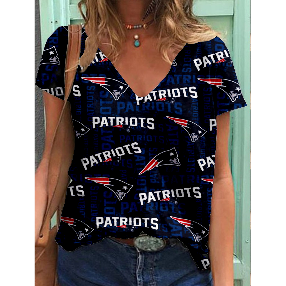 New England Patriots V-Neck Short-Sleeved Loose Print T-Shirt