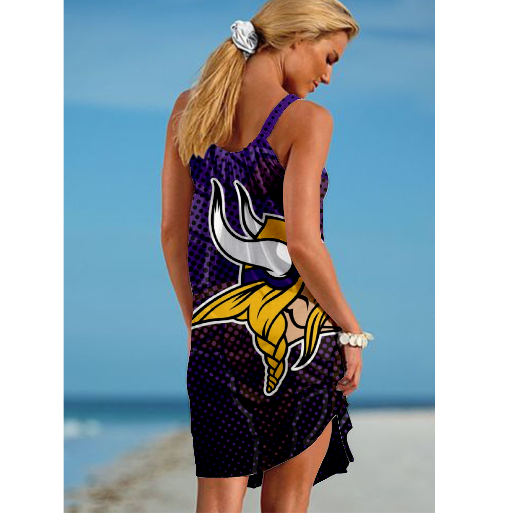 NCAAF Women's Minnesota Vikings Team Fan Print Beach Vacation Style Camisole Mini Camisole Casual Dress