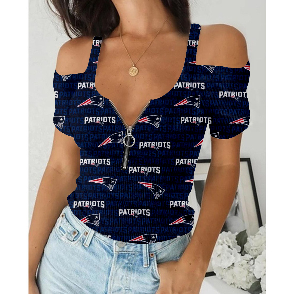 Women's Summer New England Patriots Team Print Off-Shoulder V-Neck Zipper Slim T-Shirt