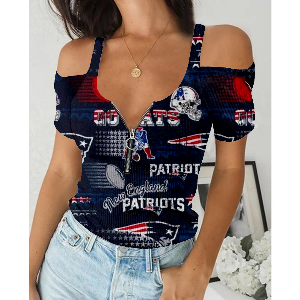 Women's Summer New England Patriots Team Print Off-Shoulder V-Neck Zipper Slim T-Shirt