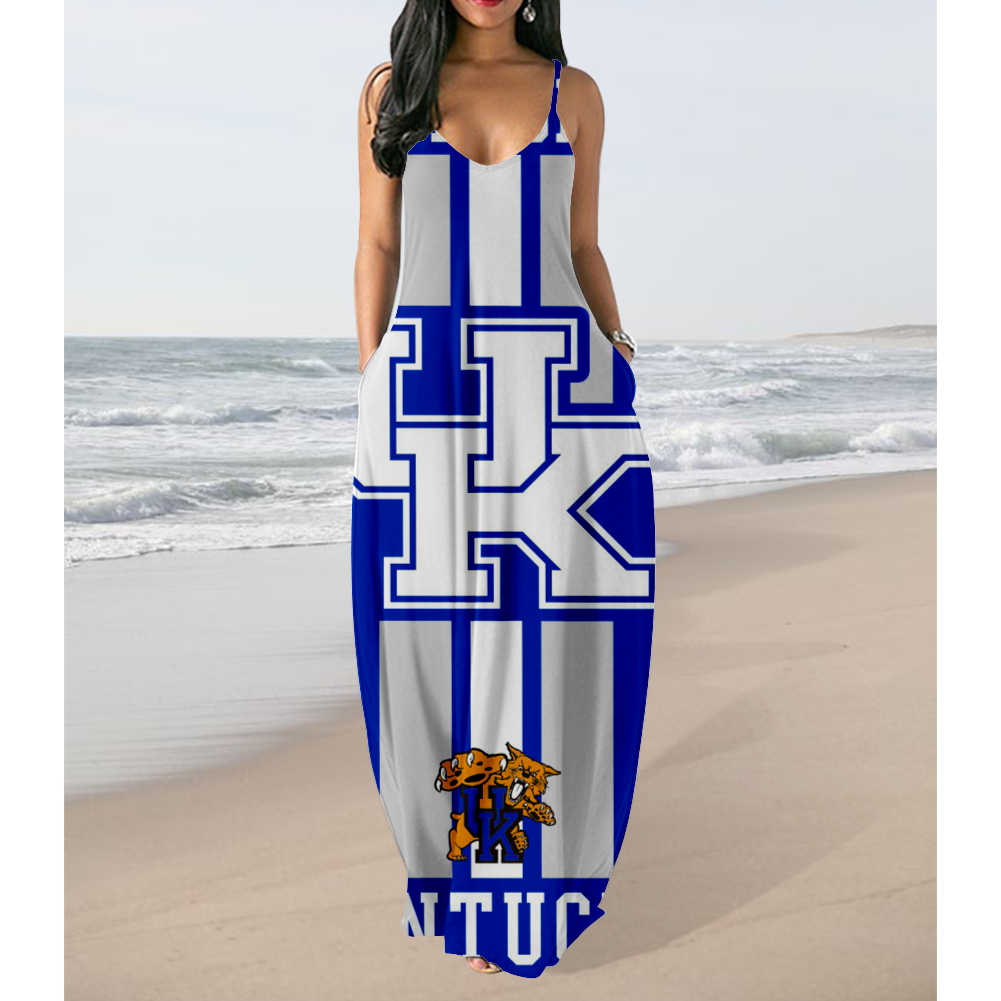 NCAAF Women's Kentucky Wildcats Team Print Sling Pocket Sleeveless Loose Holiday Style Long Dress