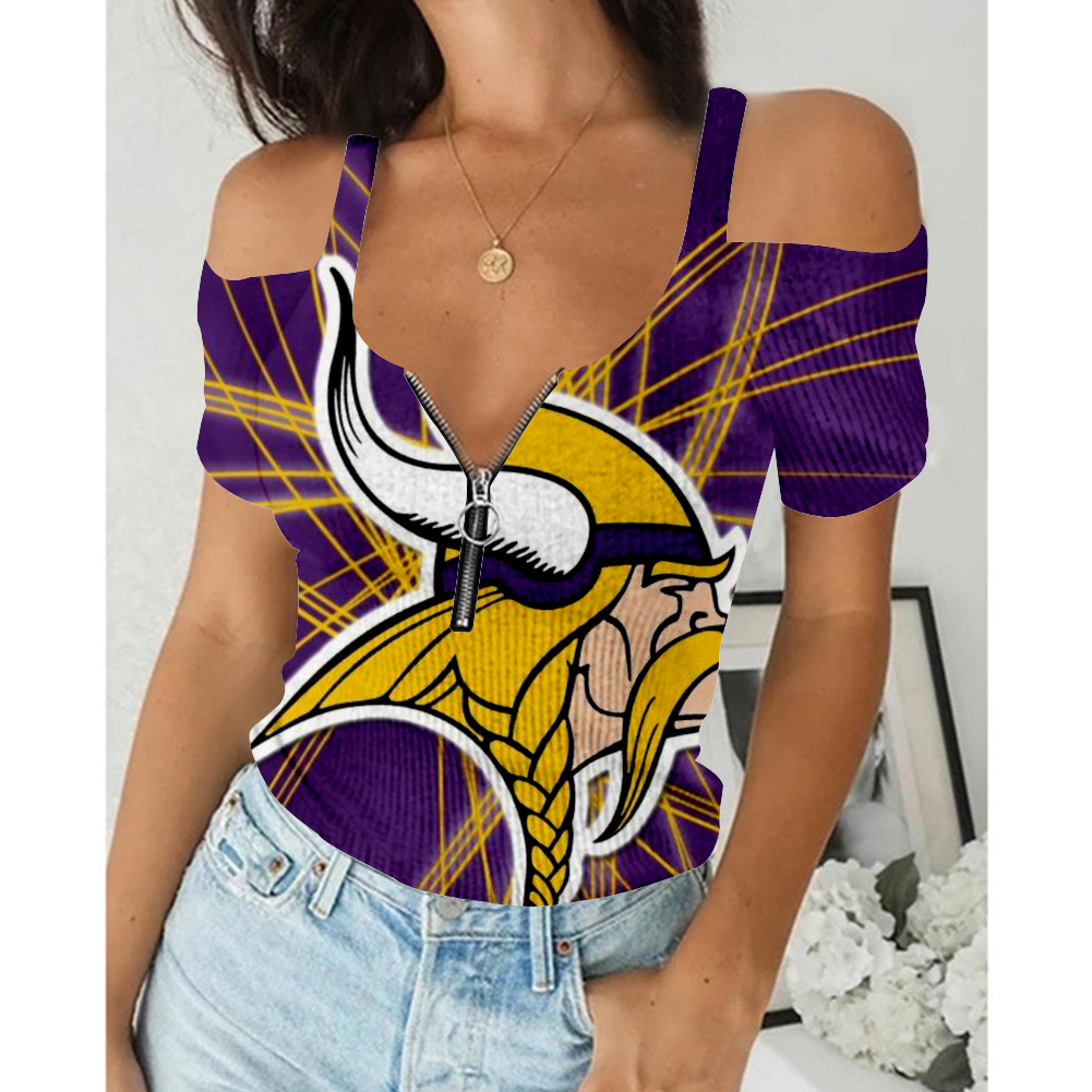 Women's Summer Minnesota Vikings Team Print Off-Shoulder V-Neck Zipper Slim T-Shirt