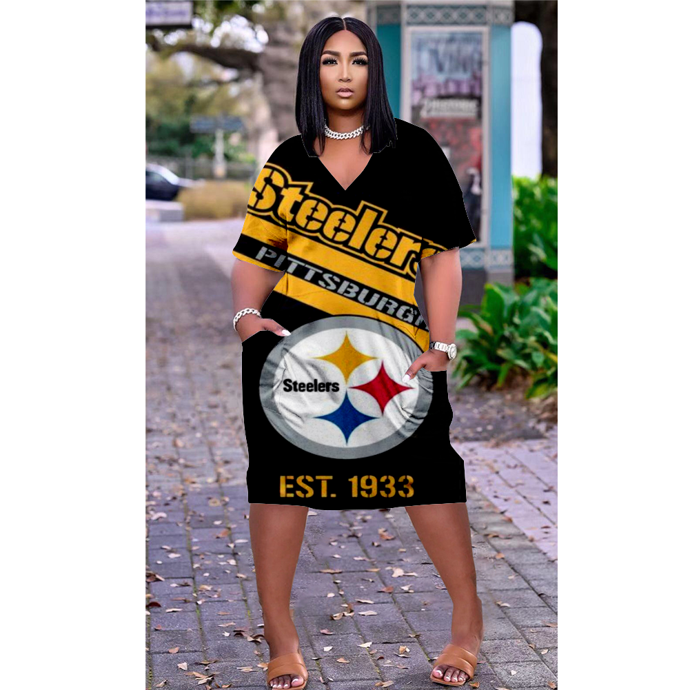 Pittsburgh Steelers V-Neck Jacket Short-Sleeved Bat-Sleeved Dress