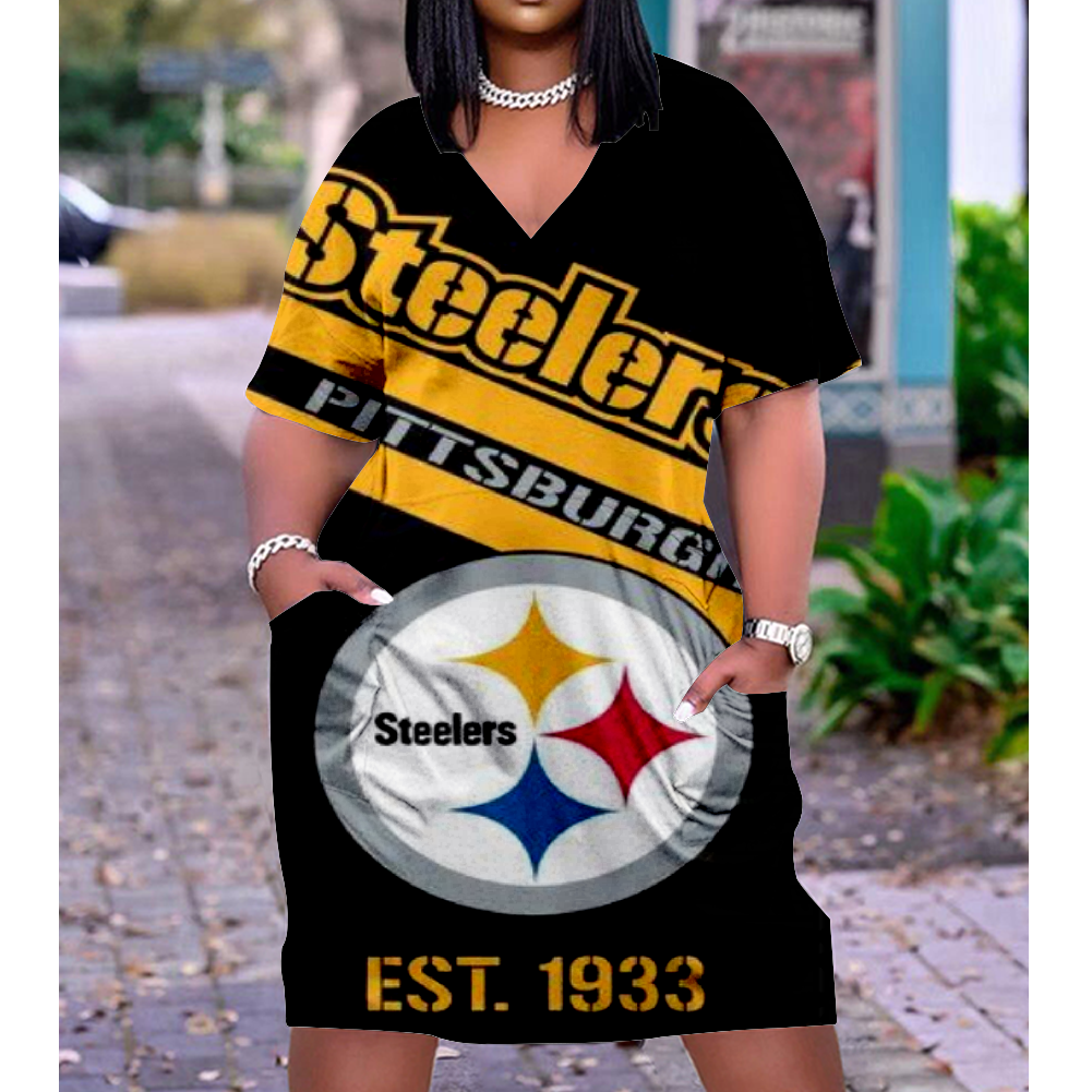 Pittsburgh Steelers V-Neck Jacket Short-Sleeved Bat-Sleeved Dress