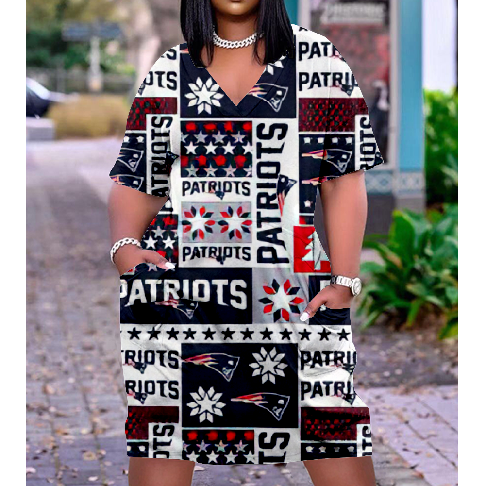 New England Patriots V-Neck Short-Sleeved Print Dress