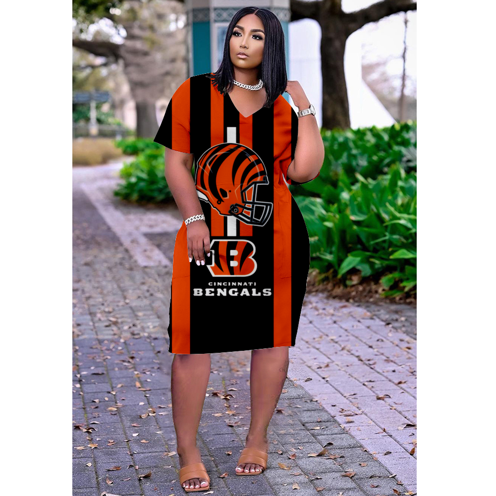 Cincinnati Bengals V-Neck Jacket Short-Sleeved Bat-Sleeved Dress