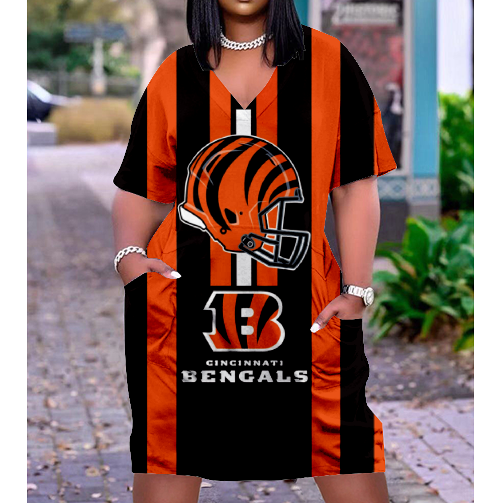 Cincinnati Bengals V-Neck Jacket Short-Sleeved Bat-Sleeved Dress